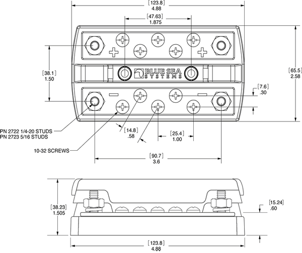 150 Amperes DC 6 / 48 Volts DC Marine Grade Dual 5/16 Studs with 5x10-32 Screw Terminals Positive and Negative Busbars Clear polycarbonate cover snaps on.